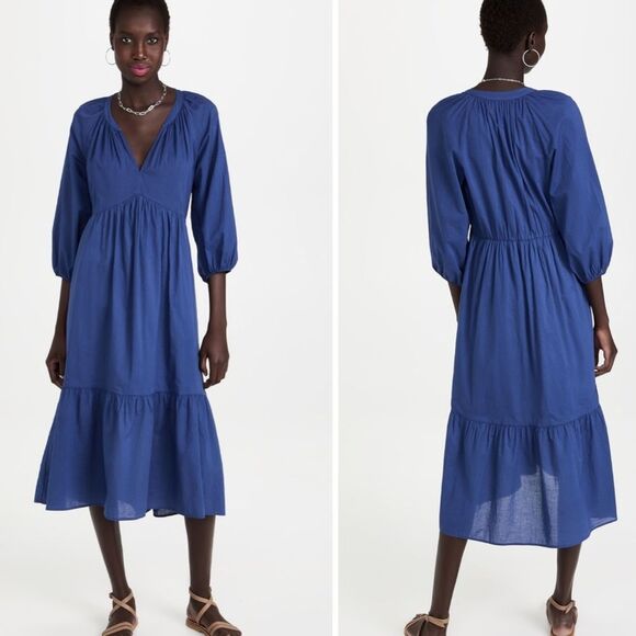 Xirena 100% Cotton Vie 3/4 Ballon Sleeve Tired Royal Blue Midi Dress Size Small - Picture 1 of 12
